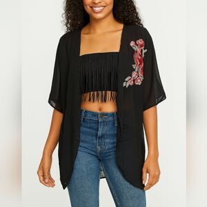 Vtg Black Floral Kimono S Cover Up Robe Made in USA Embroidery Chiffon Fairy